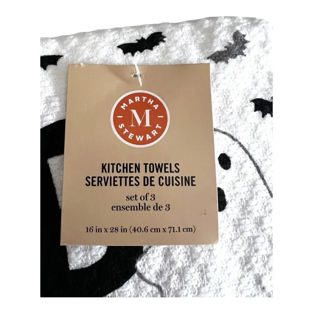 Martha Stewart Set Of 3 Kitchen Towels Halloween BOO GHOSTS 100% Cotton NWT
